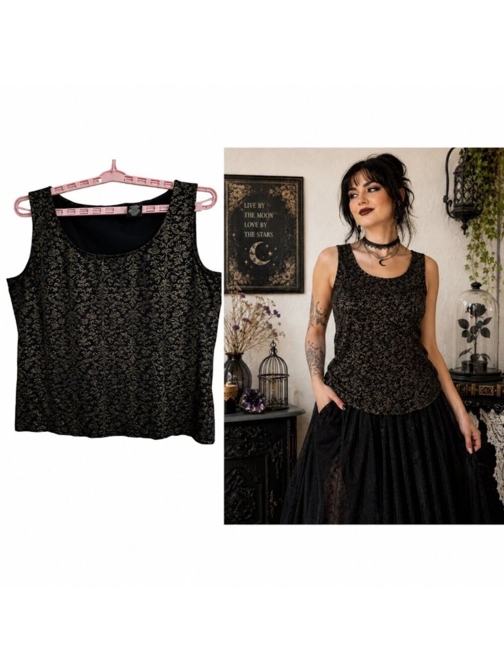 Apostrophe Stretch Tank Top XL Black & Gold Floral Pattern a Whimsigoth Fairy